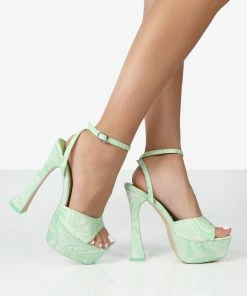 Public Desire UK Truce Green Print Satin Strappy Platform Party High Heels