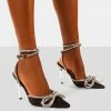 Public Desire UK Midnight Black Wrap Around Diamante Bow Pointed Toe High Heel NEW IN