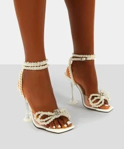 Public Desire UK Glimmer White Wrap Around Pearl Detail Bow Square Toe Cake Stand Heels NEW IN