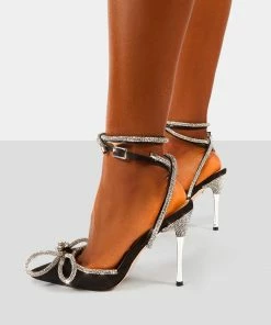 Public Desire UK Midnight Black Wrap Around Diamante Bow Pointed Toe High Heel NEW IN