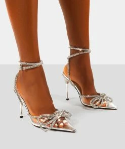 Public Desire UK Midnight Clear Perspex Wrap Around Diamante Bow Pointed Toe High Heel