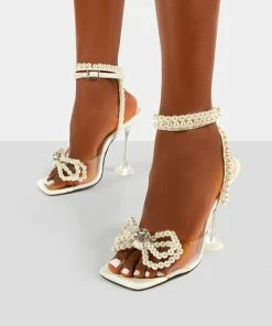 Public Desire UK Glimmer White Wrap Around Pearl Detail Bow Square Toe Cake Stand Heels NEW IN