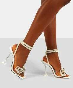 Public Desire UK Glimmer White Wrap Around Pearl Detail Bow Square Toe Cake Stand Heels NEW IN