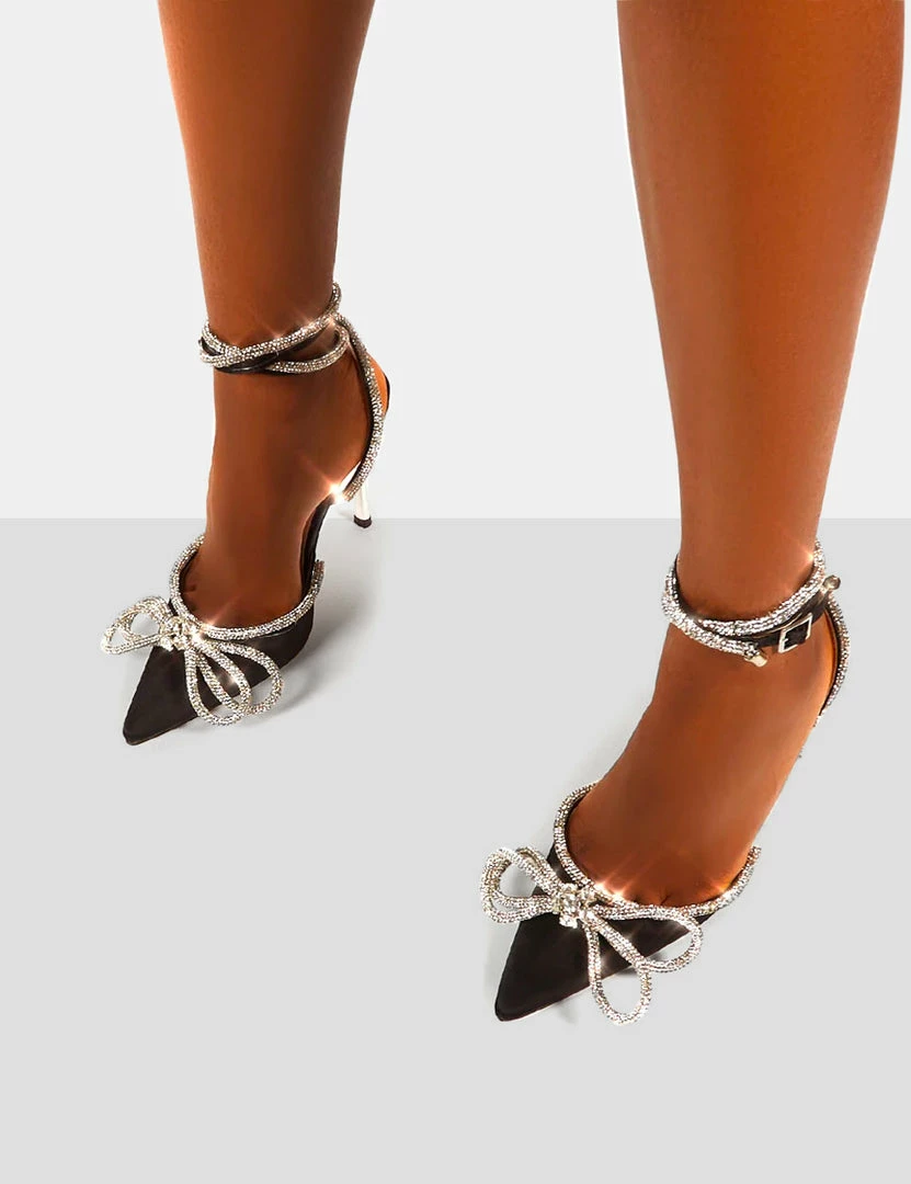 Public Desire UK Midnight Black Wrap Around Diamante Bow Pointed Toe High Heel NEW IN 4 Public Desire UK Midnight Black Wrap Around Diamante Bow Pointed Toe High Heel NEW IN