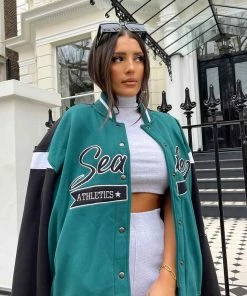 Public Desire UK KAIIA CLOTHING Seattle Varsity Jacket Forest Green