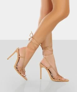 Public Desire UK Valencia Nude Pu Strappy Lace Up Pointed Toe Stiletto Heels