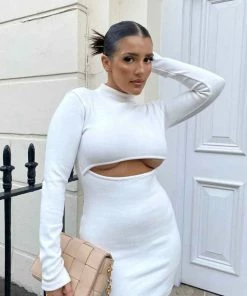 Public Desire UK Long Sleeve Waist Cut Out Mini Dress Ivory KAIIA CLOTHING