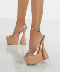 Public Desire UK Winner Nude Pu Perspex Strap Cylinder Platform Heels