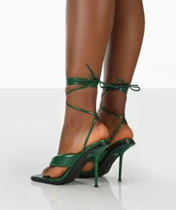 Public Desire UK Grand Green Toe Thong Front Square Toe Lace Up Stiletto Heels