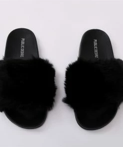 Public Desire UK Sliders Kabuki Slider In Black Faux Fur