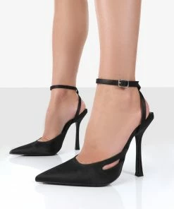 Public Desire UK Adapt Black Satin Pointed Toe Court Heels
