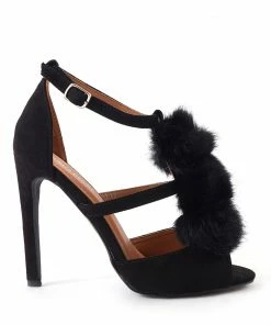 Public Desire UK Andrea Furry Pom Pom Heels In Black Faux Suede