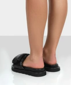 Public Desire UK NEW IN Sweeter Black Nylon Padded Slide Sandals