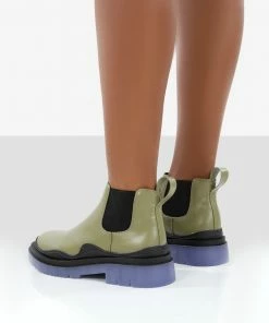 Public Desire UK Flat Boots Myth Green Chunky Sole Chelsea Boots