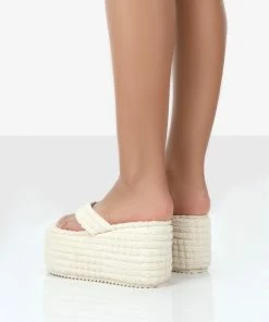Public Desire UK NELL ECRU TERRY TOWELLING PLATFORM WEDGE FLIP FLOP SANDALS