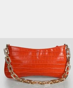 Public Desire UK The Sadie Orange Croc Chain Detail Shoulder Bag