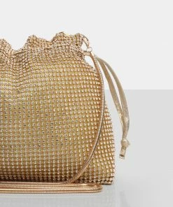 Public Desire UK The Claudette Gold Diamante Draw String Crossbody Bag CROSSBODY AND SHOULDER BAGS