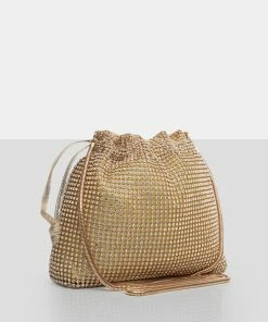 Public Desire UK The Claudette Gold Diamante Draw String Crossbody Bag CROSSBODY AND SHOULDER BAGS