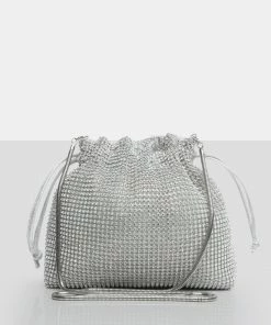 Public Desire UK The Claudette Silver Diamante Draw String Crossbody Bag