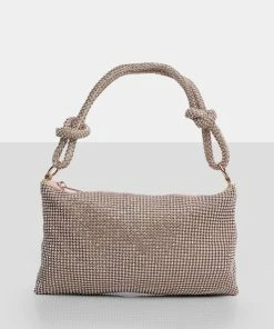 Public Desire UK CROSSBODY AND SHOULDER BAGS The Ingrid Blush Nude Diamante Zip Up Knot Detail Mini Shoulder Bag