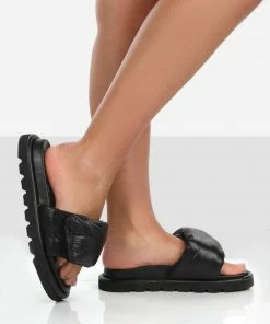 Public Desire UK NEW IN Sweeter Black Nylon Padded Slide Sandals