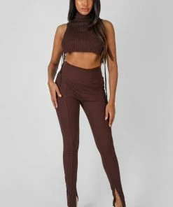 Public Desire UK Split Hem Ribbed Legging Chocolate