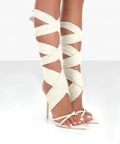 Public Desire UK Brunchin Ecru Linen Tie Up Stiletto Heels