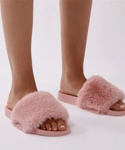 Public Desire UK Sliders Kabuki Slider In Pink Faux Fur