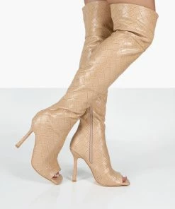 Public Desire UK Carlotta Beige Open Toe Woven Material Heeled Over The Knee Boots NEW IN 7 Public Desire UK Carlotta Beige Open Toe Woven Material Heeled Over The Knee Boots NEW IN