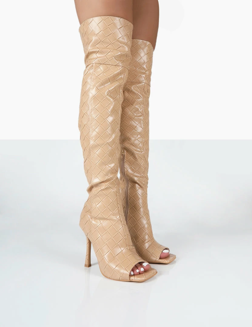 Public Desire UK Carlotta Beige Open Toe Woven Material Heeled Over The Knee Boots NEW IN 1 Public Desire UK Carlotta Beige Open Toe Woven Material Heeled Over The Knee Boots NEW IN