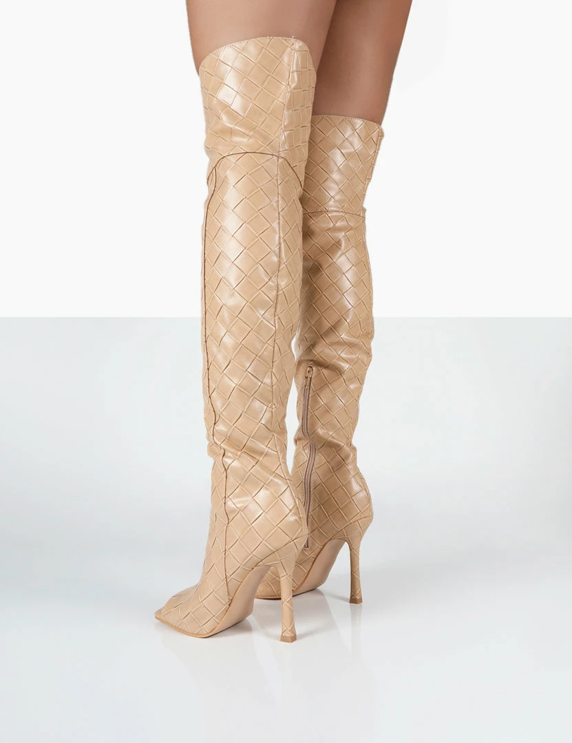 Public Desire UK Carlotta Beige Open Toe Woven Material Heeled Over The Knee Boots NEW IN 2 Public Desire UK Carlotta Beige Open Toe Woven Material Heeled Over The Knee Boots NEW IN