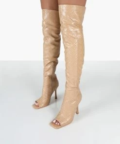 Public Desire UK Carlotta Beige Open Toe Woven Material Heeled Over The Knee Boots NEW IN 6 Public Desire UK Carlotta Beige Open Toe Woven Material Heeled Over The Knee Boots NEW IN