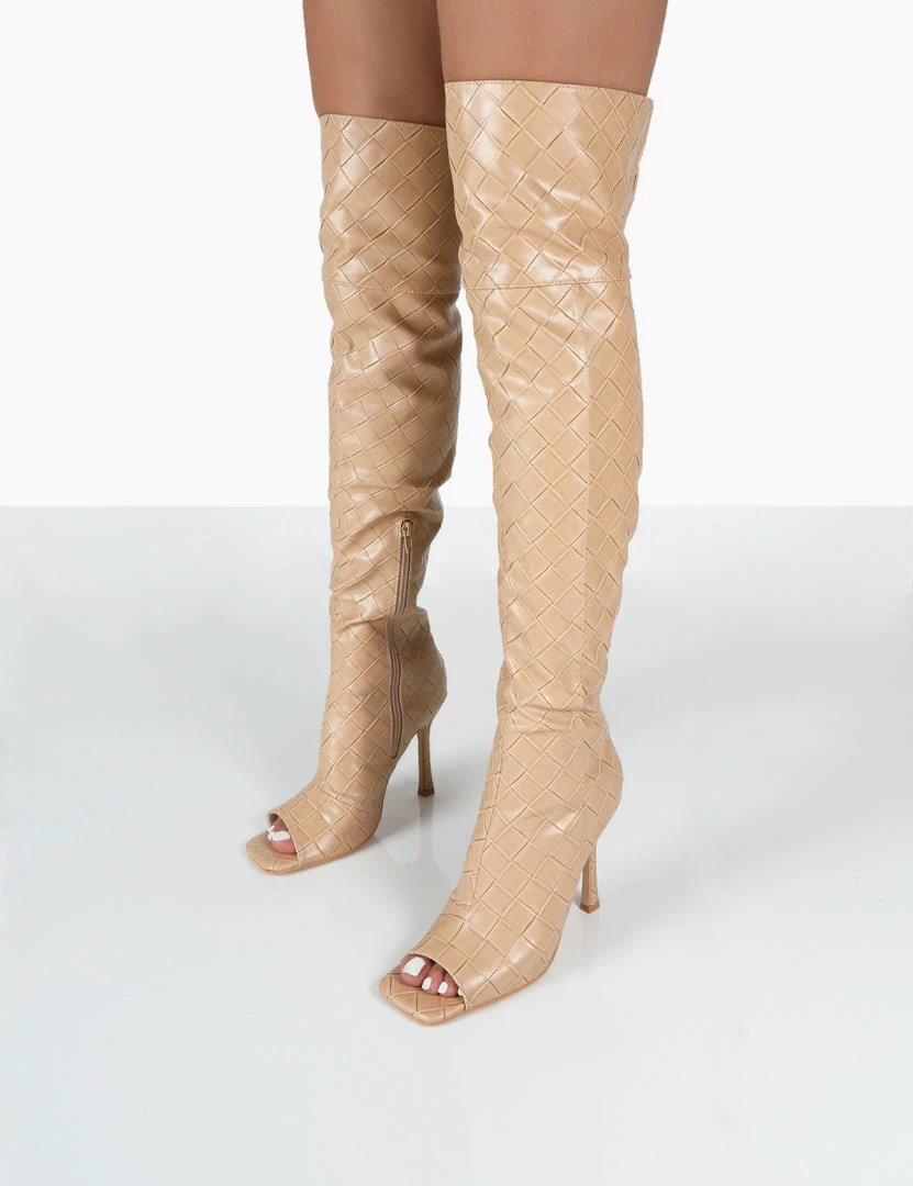 Public Desire UK Carlotta Beige Open Toe Woven Material Heeled Over The Knee Boots NEW IN 3 Public Desire UK Carlotta Beige Open Toe Woven Material Heeled Over The Knee Boots NEW IN