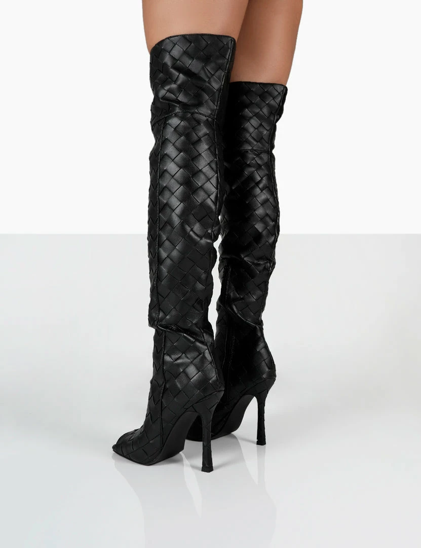 Public Desire UK NEW IN Carlotta Black Open Toe Woven Material Heeled Over The Knee Boots 2 Public Desire UK NEW IN Carlotta Black Open Toe Woven Material Heeled Over The Knee Boots