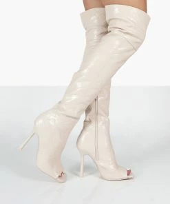 Public Desire UK Carlotta Ecru Open Toe Woven Material Heeled Over The Knee Boots NEW IN
