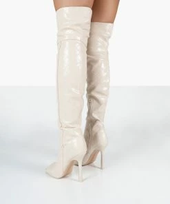 Public Desire UK Carlotta Ecru Open Toe Woven Material Heeled Over The Knee Boots NEW IN