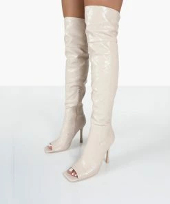 Public Desire UK Carlotta Ecru Open Toe Woven Material Heeled Over The Knee Boots NEW IN