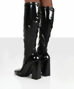 Public Desire UK CARYN WIDE FIT BLACK VINYL KNEE HIGH HEELED BOOTS Back In Stock