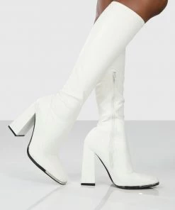 Public Desire UK Caryn White PU White Heeled Knee High Boots Back In Stock
