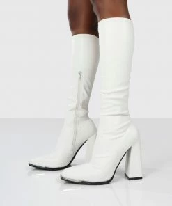 Public Desire UK Caryn White PU White Heeled Knee High Boots Back In Stock
