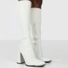 Public Desire UK Caryn White PU White Heeled Knee High Boots Back In Stock