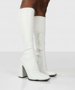 Public Desire UK Caryn White PU White Heeled Knee High Boots Back In Stock