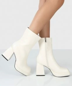 Public Desire UK Clover Ecru Pu Chunky Heel Ankle Boots NEW IN