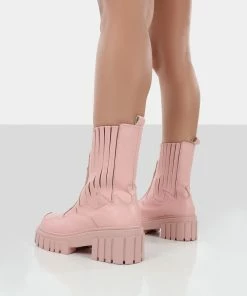 Public Desire UK Consequence Pink Drench Stitched Detail Chunky Sole Ankle Boots NEW IN