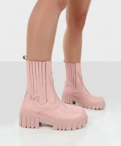 Public Desire UK Consequence Pink Drench Stitched Detail Chunky Sole Ankle Boots NEW IN