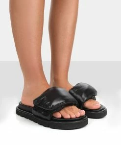 Public Desire UK NEW IN Sweeter Black Nylon Padded Slide Sandals