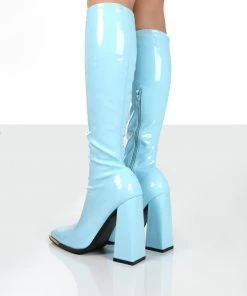 Public Desire UK Caryn Blue Patent Knee High Heeled Boots Long Boots