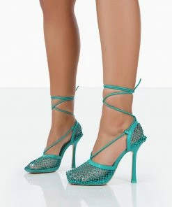 Public Desire UK Longshot Turquoise Blue Diamante Wrap Around Mesh Heels NEW IN