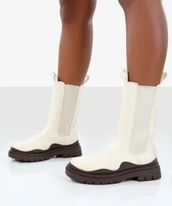 Public Desire UK Cherry Off White Chunky Sole Chelsea Ankle Boots Flat Boots