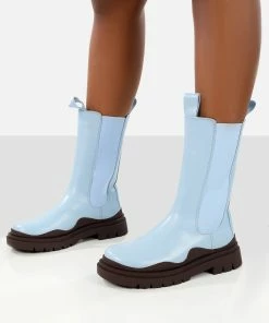 Public Desire UK Flat Boots Cherry Blue Chunky Sole Chelsea Ankle Boots